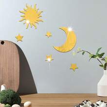 6pcs Star & Moon Combination Acrylic Mirror 3D Self-Adhesive DIY Wall Sticker For Bedroom & Living Room, Removable - 6pcs/set - View 6
