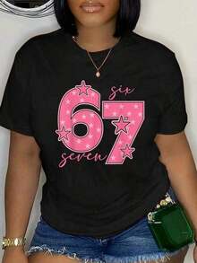 100% Cotton T-Shirt 67 Meme Six Seven Gen Alpha Slang Cute Pink For Girls 6 7, Graphic T-Shirt For Women And Men, Comfortable Crew Neck, Summer Vacation Tops - 黑色 - 查看 5