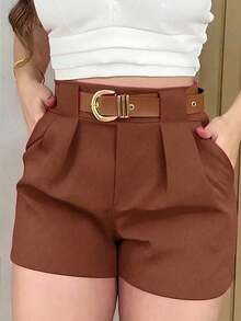 Pantalones cortos casuales de unicolor para mujer, verano - Marrón Mocha - Ver 1