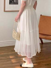Falda elegante de línea A con cintura elástica y malla de unicolor para mujer, de verano - Albaricoque - Ver 6
