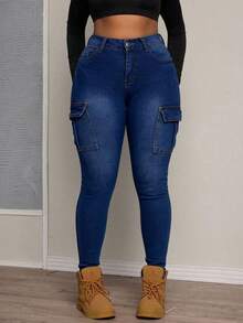 Skinny Cargo Jeans, Washed, Stretchy, With Multiple Pockets, Butt-Lifting Effect, Tummy Control And Fitted Cuffs - Dark Wash - View 2
