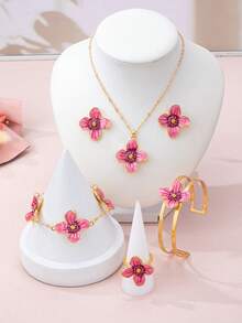 1 Set Fashionable & Sweet Floral Series Jewelry Set Including Necklace/Bracelet/Bangle/Ring/Earrings, Unique Handpainted Enamel Flower Petals, Suitable For Women's Daily Wear And Parties - Four Cornus Set - View 11