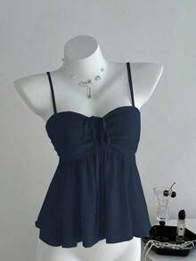 Camiseta de tirantes con volantes de unicolor lindo para damas, ropa de verano para la universidad - Azul - Ver 7