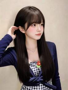 26 Inch Black Straight Layered Bangs Wig, Heat Resistant Synthetic Hair, Natural Daily Use - Black - View 3