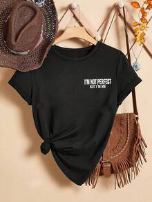 Camiseta de Moda Casual Europea y Americana para Mujer con Cuello Redondo, Mangas Cortas Simples y Estampado de Letras para Vacaciones.Camiseta Y2k - Blanco - Ver 1