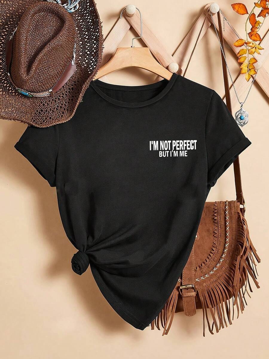 Camiseta de Moda Casual Europea y Americana para Mujer con Cuello Redondo, Mangas Cortas Simples y Estampado de Letras para Vacaciones.Camiseta Y2k - Blanco - Ver 1