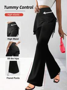 Quần legging yoga ống loe bất đối xứng mới, quần dài co giãn ôm sát tôn dáng với thiết kế nhún hông, quần ống loe cạp cao giúp kiểm soát vòng bụng, thích hợp cho trang phục thường ngày thanh lịch và các kỳ nghỉ, màu đen. - màu đen - Xem 2
