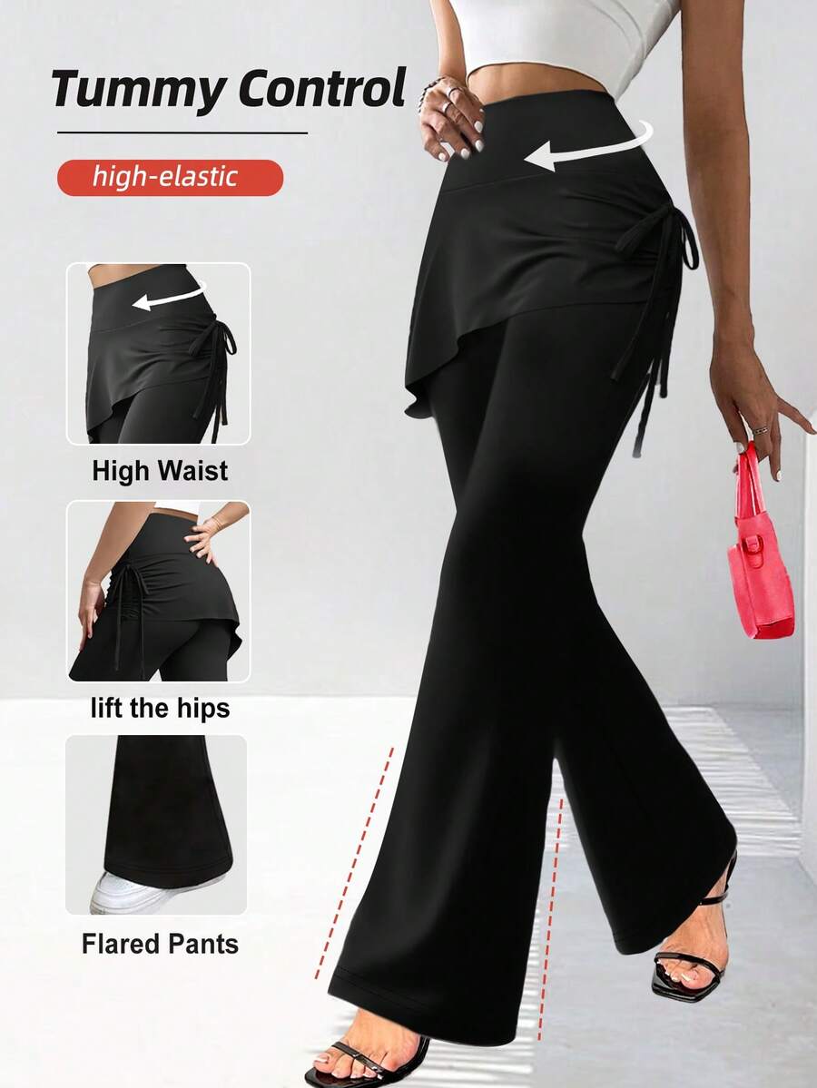 Quần legging yoga ống loe bất đối xứng mới, quần dài co giãn ôm sát tôn dáng với thiết kế nhún hông, quần ống loe cạp cao giúp kiểm soát vòng bụng, thích hợp cho trang phục thường ngày thanh lịch và các kỳ nghỉ, màu đen.