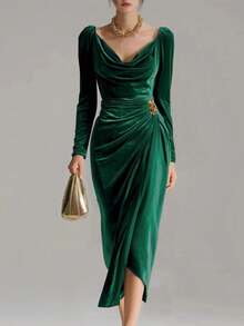 New Women's Long Dress, Made Of Shiny Velvet, Casual And Sexy Style, Long Sleeves, Pleated, Side Slit, Mermaid Cut, Flattering Design, Perfect For Parties And Special Nights - 綠色 - 查看 2