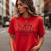 Mother's Day Set: Women's Cotton T-Shirt With "I Am Chosen" Print, 1 Temisalones 1:4, Casual Short Sleeve T-Shirt With Religious Graphics, Sizes S-5XL, Floral Christian Phrase Top, Soft And Breathable Basic T-Shirt For Everyday Wear, Women's Tops - 紅色 - 查看 1