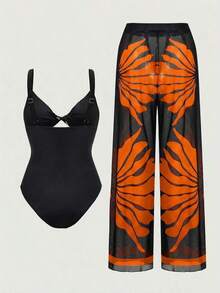 Swim Oasis Traje de baño de una pieza con camisola de patchwork de colores y pantalones de pierna ancha, adecuado para vacaciones en la playa, fiestas en la piscina y fiestas en la playa - Naranja - Ver 4