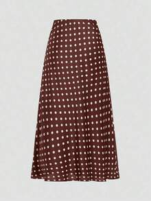 Falda de estilo vacacional elegante y retro con estampado de lunares para mujeres, otoño, invierno - Marrón Chocolate - Ver 2