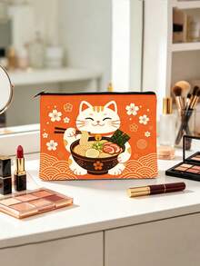 招财猫吃拉面图案化妆包，日式食品招财猫拉链袋 - 彩色 - 查看 3
