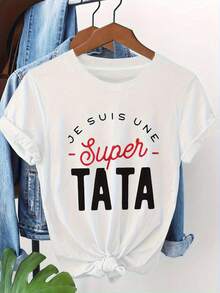 Corte Regular, Estampado de Texto "Soy una Super Tía: Energía de Tía Orgullosa", Camiseta de Moda Casual para Mujer, Cuello Redondo, Primavera Verano, Atuendo Casual Diario de Verano - Blanco - Ver 1