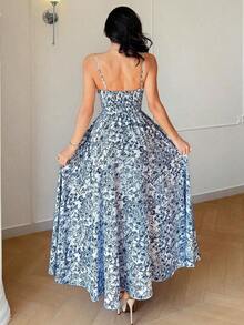 Raffinéa Vestido casual largo con estampado floral de porcelana azul y blanco, con tirantes finos y espalda descubierta que cintura la cintura, elegante para primavera/verano y vacaciones - Azul - Ver 2