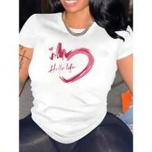 Women's Casual Summer T-Shirt With Round Neck, Short Sleeves And Fitted, Featuring An Oil Painting Print With Floral, Heart, Cherry And Lettering. - 白色-YH435 - 查看 6