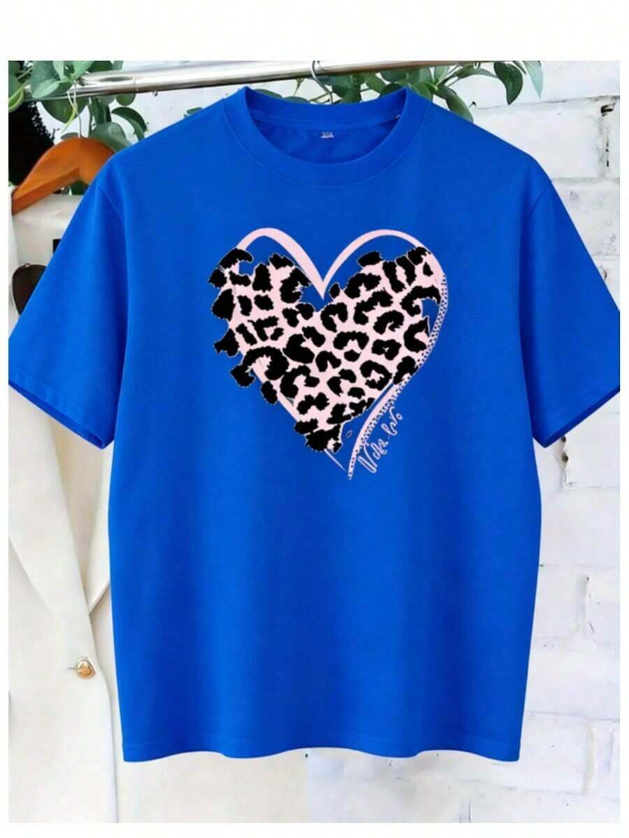 RegaloRegalo | 1 Playera para Mujer 100% Algodón Transpirable | Camiseta Elegante de Verano para Mujer - Estampado de Leopardo Morado Vibrante con Diseño de Corazón, Cuello Redondo Casual, Manga Corta, Poliéster Ligero, Perfecta para Atuendos Casuales, Blusa con Estampado de Leopardo - Ideal para el VeranoSoftSoft - Azul - Ver 1