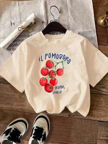 1 Pieza de Camiseta Casual de Moda para Hombres y Mujeres con Estampado de Tomate, Nueva Camiseta de Verano para Mujer, Manga Corta, Estampado Casual, Elegante Ropa para Damas, Versátil, fácil de combinar, adecuada para uso diario, estilo urbano, ropa de vacaciones, ropa de fin de semana. Camiseta unisex de algodón de manga corta y cuello redondo estilo vintage urbano - Albaricoque - Ver 5