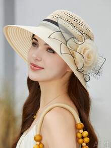 1 chiếc mũ nữ kiểu dáng mới năm 2025, màu trơn, họa tiết hoa lớn, chất liệu organza, kiểu dáng thanh lịch Anh Quốc, thích hợp cho kỳ nghỉ lễ hội. - MZ2636 - Xem 24