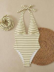 Traje de baño de dos piezas de mujer con lunares sexy, diseño retorcido y asimétrico con espalda descubierta de gasa, traje de baño de una pieza para vacaciones en la playa en verano - Marrón Chocolate - Ver 4