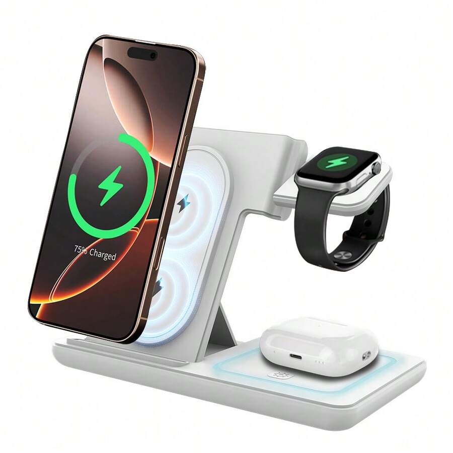 AmSengo 15W Fast Wireless Charging Stand 3-In-1 Foldable Charging Station Compatible With IPhone 16 15 14 13 12 11 Watch 9 8 7 6 5 Pro USB Power Supply - D27 White - - View 1