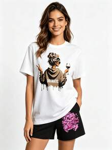 Estilo casual con estampados dramáticos: Conjunto de verano para mujer + Shorts negros (Set de dos piezas) - Conjunto de manga corta para salidas veraniegas - Blanco - Ver 1