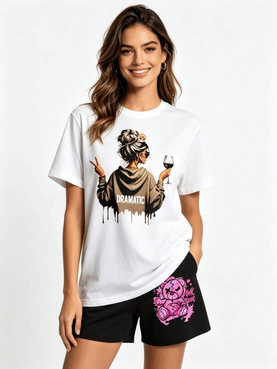 Estilo casual con estampados dramáticos: Conjunto de verano para mujer + Shorts negros (Set de dos piezas) - Conjunto de manga corta para salidas veraniegas - Blanco - Ver 1
