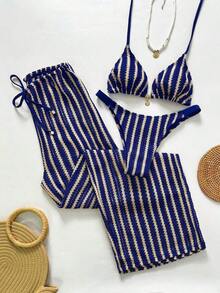 Swim Chiccia Conjunto de bikini a rayas sexy para mujer con pantalones, nueva llegada de trajes de baño para mujer 2026, adecuado para la escuela, vacaciones, citas, té de la tarde, estilo occidental, cruceros, playa, isla, viajes por carretera, todas las estaciones, festivales de música, vacaciones bohemias, vacaciones bohemias, otoño relajado, estilo occidental bohemio, blusas elegantes para mujer - Azul - Ver 11