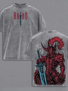 Vintage Washed Cotton T-Shirt With Shadow Knight Commander Anime Print, Absolute Loyalty And Silent Sword Theme, Gift For Anime Fans, Daily Wear For Otakus, T-Shirt, Urban Casual Wear, Gothic Clothing, Summer Clothing Y2K. - 灰色 - 查看 7