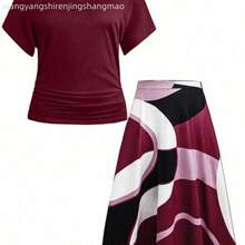 2pcs/Set Plus Size Solid V-Neck Ruffle Short Sleeve Top And Allover Print Skirt, For Summer - Burdeos - Ver 1