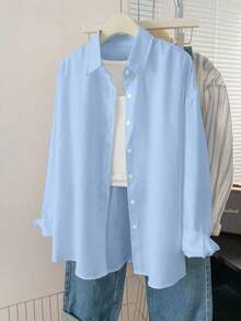 Camisa larga de mujer de manga larga, de un solo pecho, holgada, con hombros caídos y de unicolor - Celeste - Ver 3