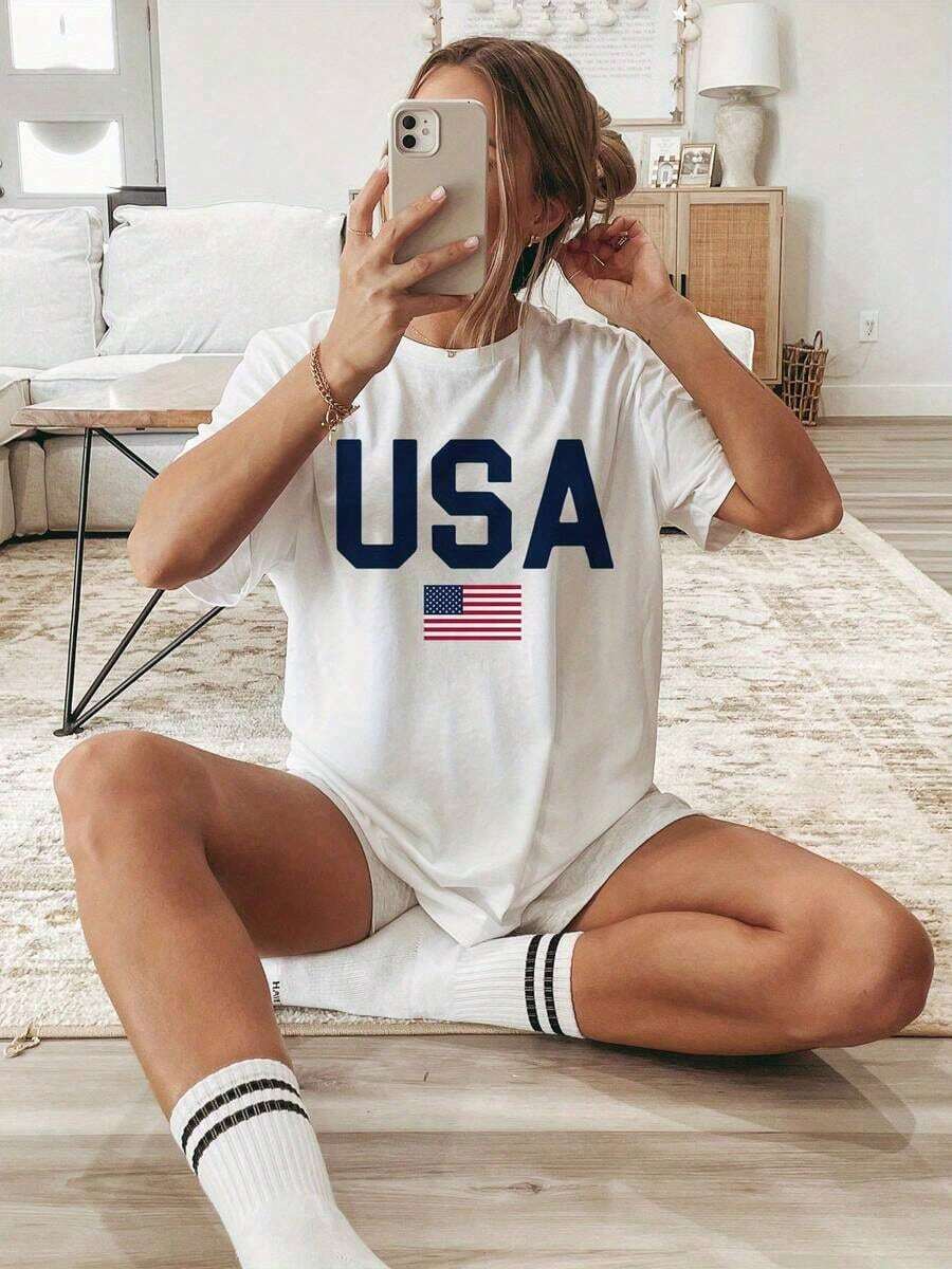 1 pieza de camiseta de mujer con estampado de la bandera de EE. UU. - Camiseta de manga corta con cuello redondo y estampado de bandera, ropa casual para primavera y verano, atuendo informal y para eventos temáticos, lavable a máquina, ajuste cómodo, 180g de algodón 100%. - Blanco - Ver 1