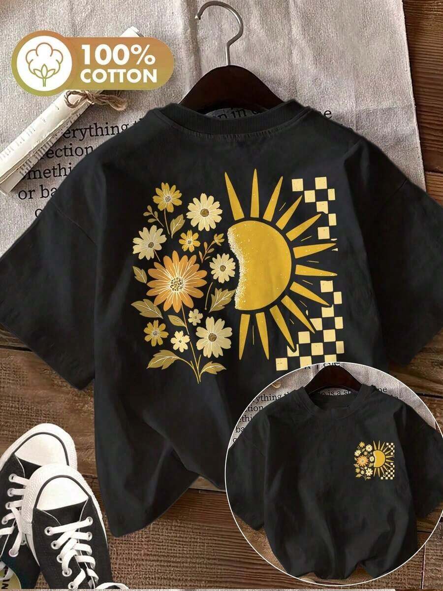 Women's Spring Summer Casual Tops, Retro Style Sunflower Print, Round Neck, Pure Cotton Short Sleeve T-Shirt [Ling K], Summer Tops. - Black - View 1