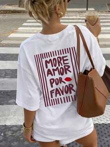 Women's Short-Sleeved T-Shirt With A Retro "More Love Please" Print, Spanish Aesthetic Style, Loose Fit, Round Neck, Casual Top, Suitable For Everyday Wear, Streetwear, Summer Outings, And Vacations. White. 100% Cotton. - 白色 - 查看 6