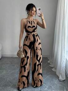 Women's Printed Jumpsuit With A Fitted Waist, Elegant For Holidays And Everyday Wear With A Halter Neck - 粉色 - 查看 1