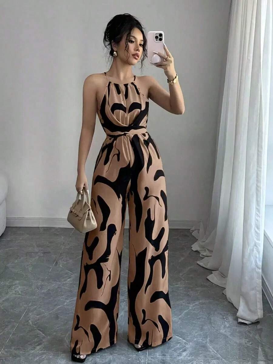 Women's Printed Jumpsuit With A Fitted Waist, Elegant For Holidays And Everyday Wear With A Halter Neck - 粉色 - 查看 1
