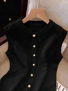 Chaleco de mujer elegante y minimalista, de estilo francés, versátil y elegante - Negro - Ver 5