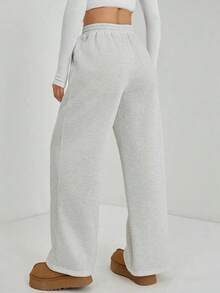 Pantalón de chándal de pierna recta con detalle de guijarro para mujer, mezcla de algodón cómoda - Gris Claro - Ver 2