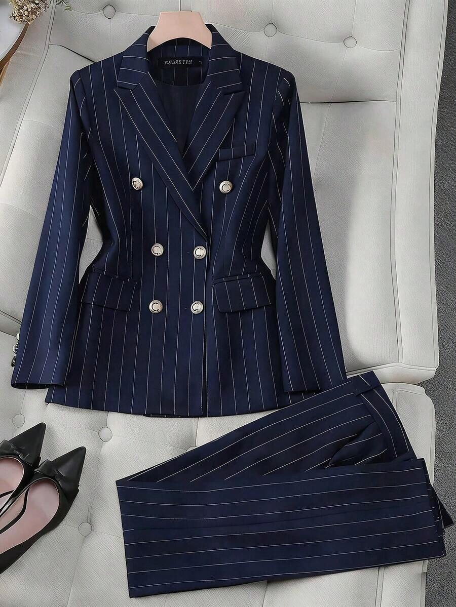 Conjunto de traje a rayas, chaqueta de traje casual de doble botonadura y pantalones de corte slim, estilo versátil adecuado para diversas ocasiones, negocios y vacaciones en primavera blanca - Azul marino - Ver 1