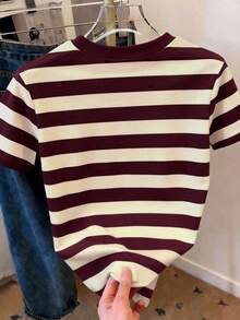 Camiseta de mujer de manga corta, cuello redondo y rayas, informal, para verano - Multicolor 3 - Ver 2