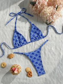 Conjunto de bikini de rayas coloridas y sexy para primavera/verano 2026, traje de baño de estilo minimalista de tres puntos para mujeres jóvenes - Azul - Ver 3