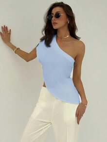 Blusa de cuello asymmétrico de unicolor para mujer, de moda para el verano - Azul - Ver 5