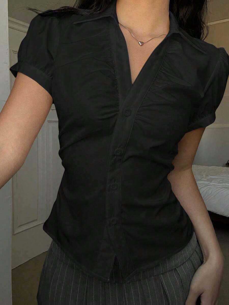 Camisa casual de mujer de manga corta abullonada, de un solo pecho, a rayas azules, ropa de verano - Negro - Ver 1
