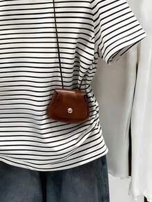 Camiseta casual de mujer con cuello redondo, manga corta, a rayas y plisada - Blanco 3 - Ver 4