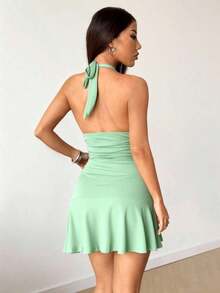 Vestido mini sexy de cuello de halter negro, ropa casual de resort, primavera/verano - Verde - Ver 2