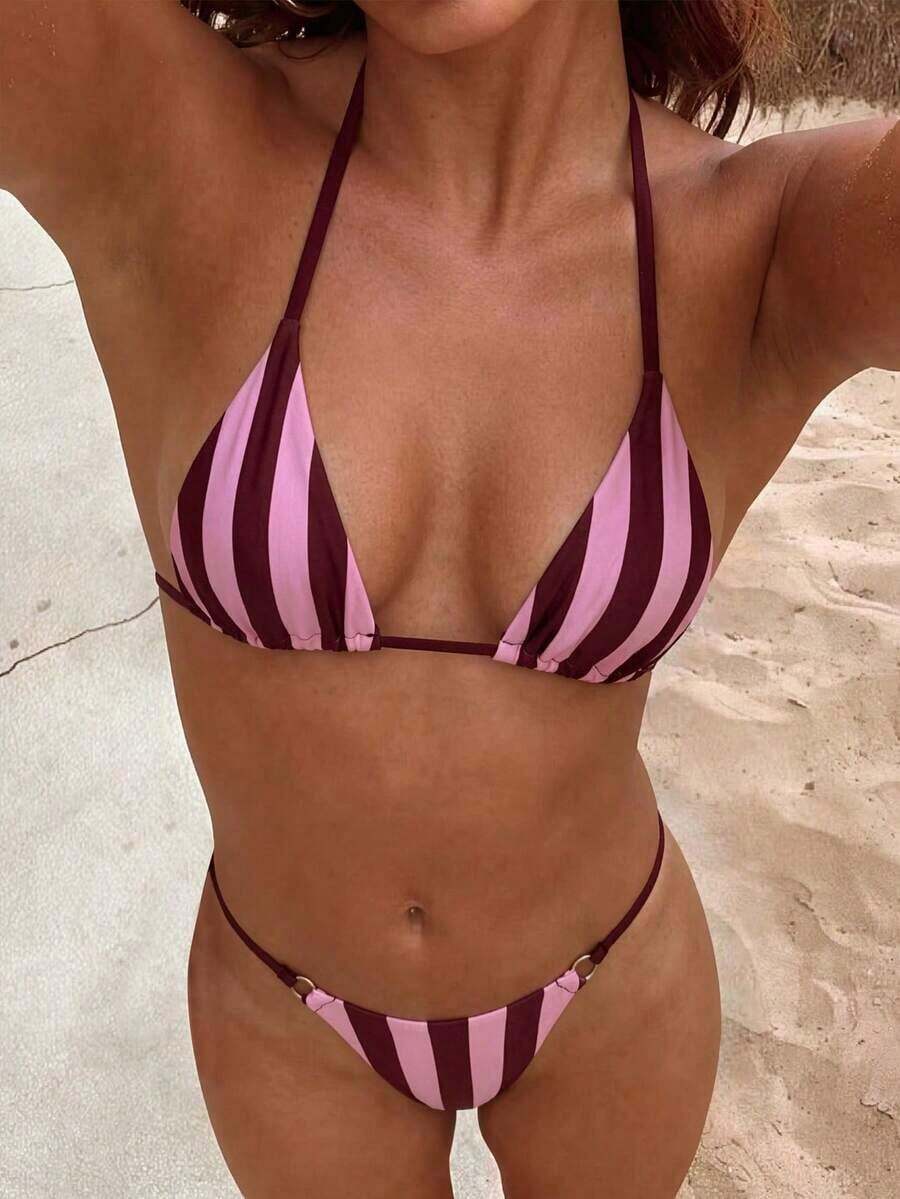 Conjunto de bikini de rayas coloridas y sexy para primavera/verano 2026, traje de baño de estilo minimalista de tres puntos para mujeres jóvenes - Multicolor 7 - Ver 1