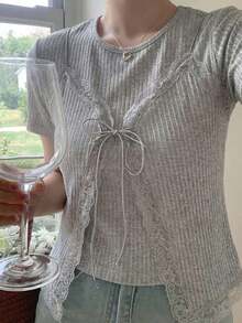 Camiseta de mujer con cuello redondo de manga corta con 2 en 1 y encaje empalmado - Gris 2 - Ver 4