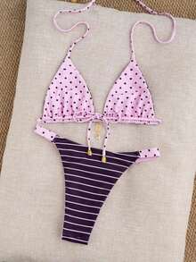Conjunto de bikini reversible con estampado de lunares en contraste, con escote halter y nudo en la espalda, de estilo dulce y sexy, para vacaciones en la playa - Multicolor 3 - Ver 6