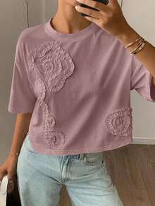 Blusa casual de verano para mujer con cuello redondo, manga corta suelta y 3D plisada con flor - Rosa - Ver 1