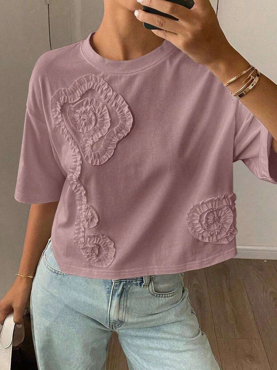 Blusa casual de verano para mujer con cuello redondo, manga corta suelta y 3D plisada con flor - Rosa - Ver 1